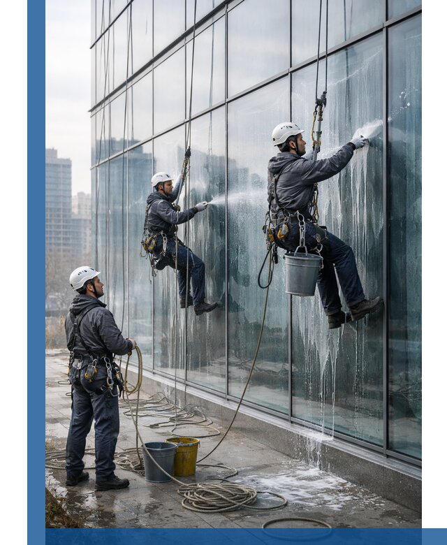 Промышленная мойка панорамных окон на высоте в Красноярске