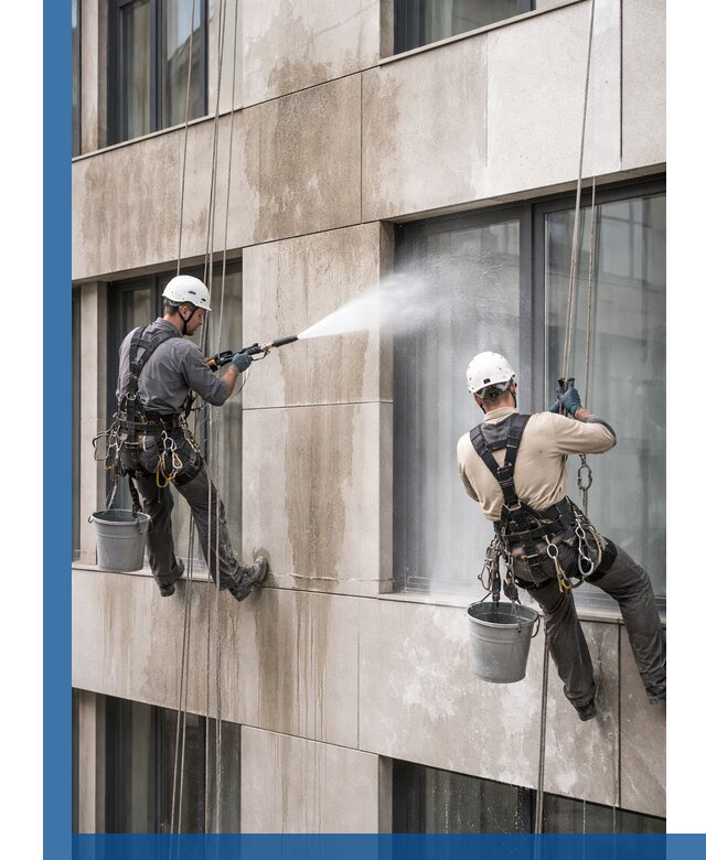 Послестроительная мойка фасада промышленным альпинизмом в Красноярске