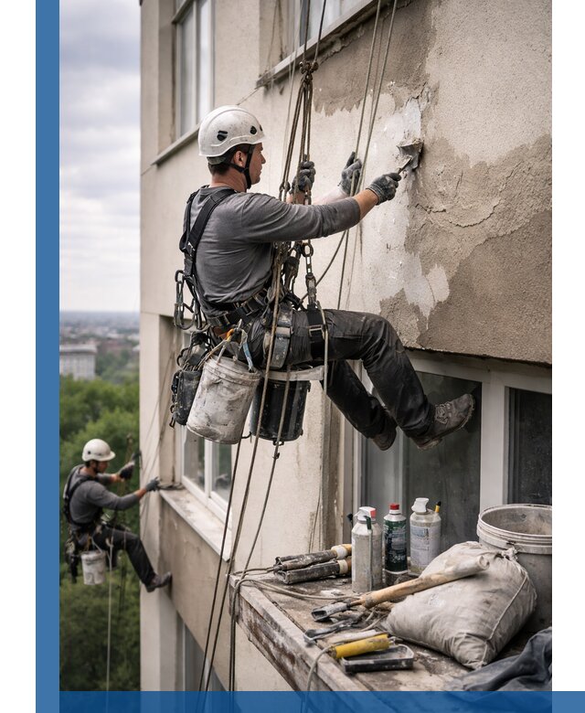 Косметический ремонт фасада зданий в Красноярске промышленными альпинистами