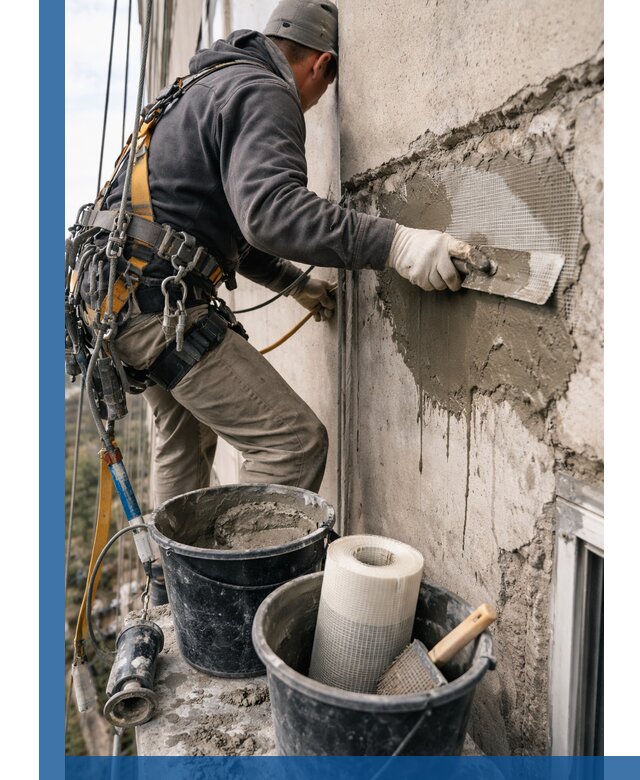 Ремонт бетонных элементов фасада промышленными альпинистами в Красноярске