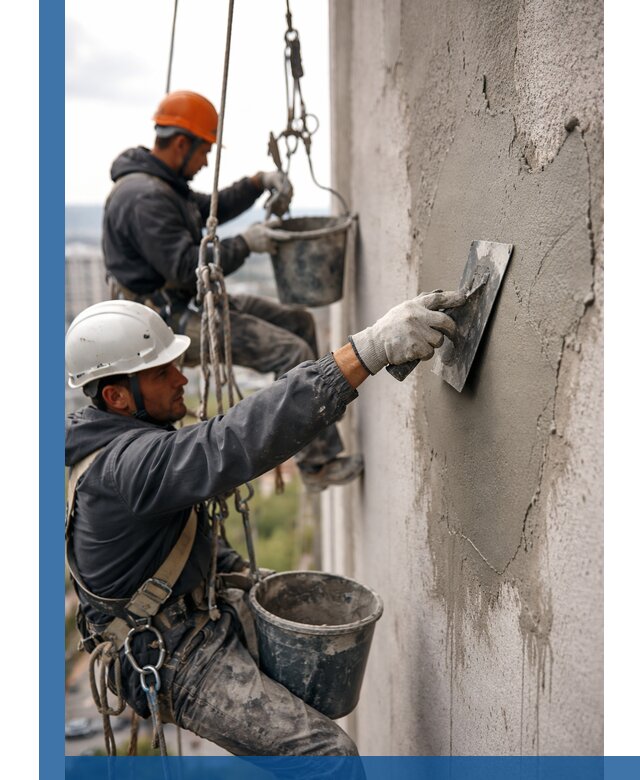 Штукатурка фасада на высоте в Красноярске профессиональные работы