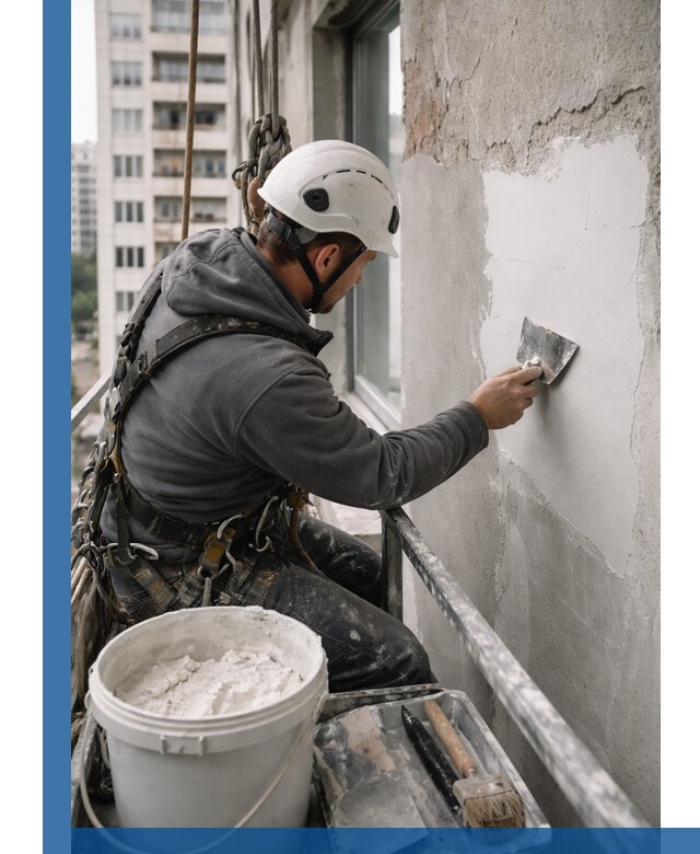 Шпаклевка фасадов на высоте с промальпинистами в Красноярске