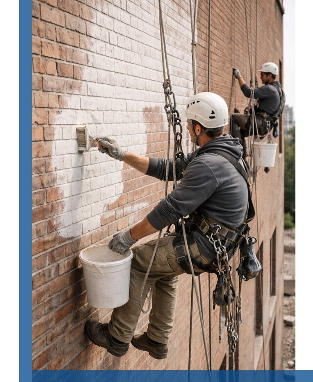 Покраска кирпичного фасада с доступным альпинистским сервисом в Красноярске