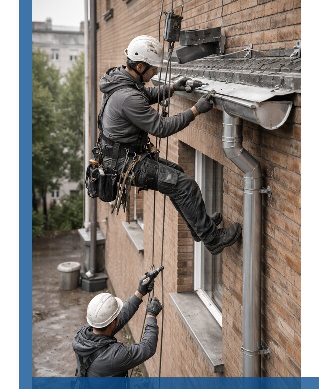 Монтаж водосточной системы на здании в Красноярске под ключ