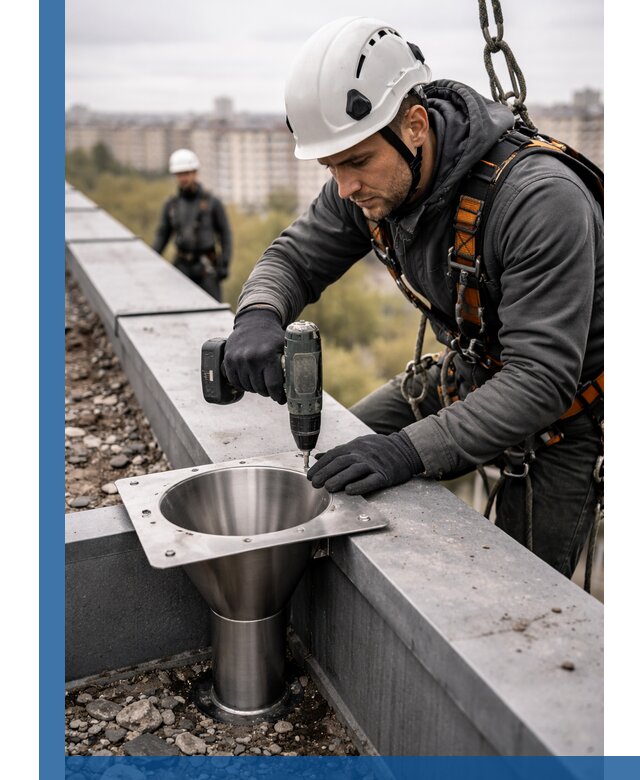 Монтаж водосточных воронок в Красноярске для промышленных зданий