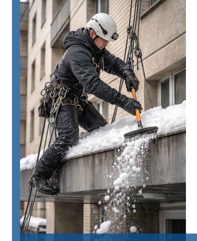 Очистка козырьков от снега в Красноярске круглогодично безопасно