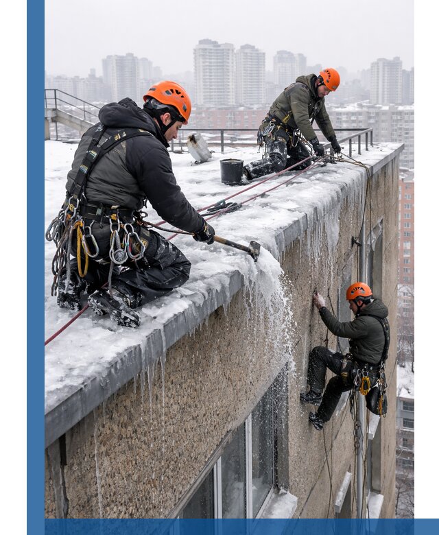 Удаление наледи с кровли в Красноярске промышленными альпинистами