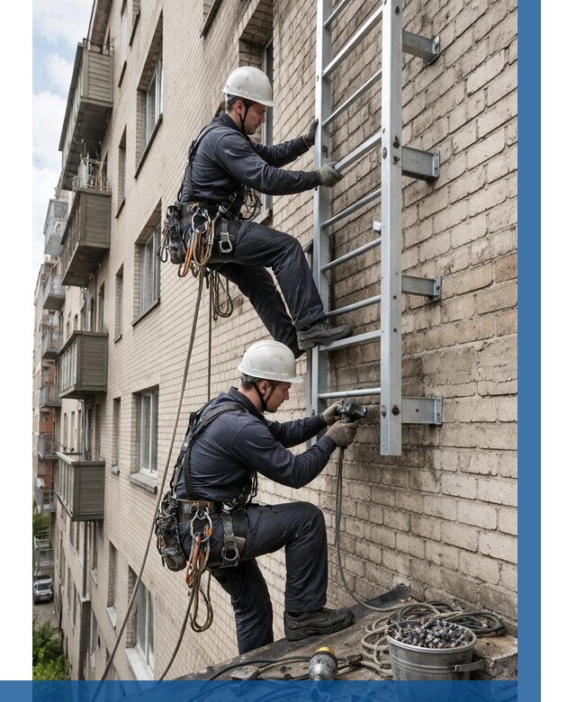 Монтаж пожарной лестницы в Красноярске от 25400 р заказать у ВЫСОТНИК-Крс