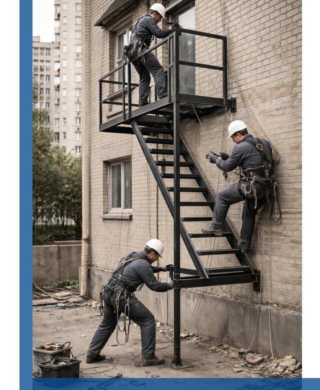 Монтаж пожарной лестницы в Красноярске, установка и крепление