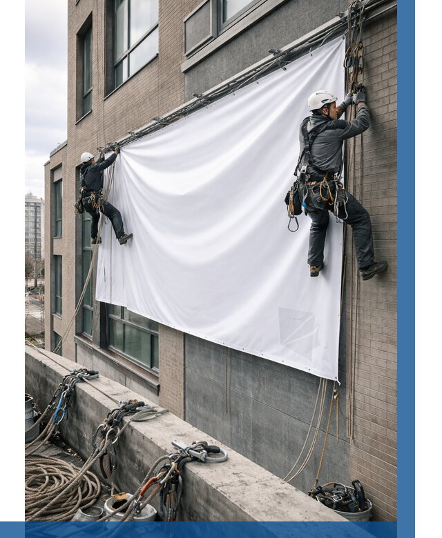 Монтаж баннеров на фасаде в Красноярске от 660 р. заказать ВЫСОТНИК-Крс