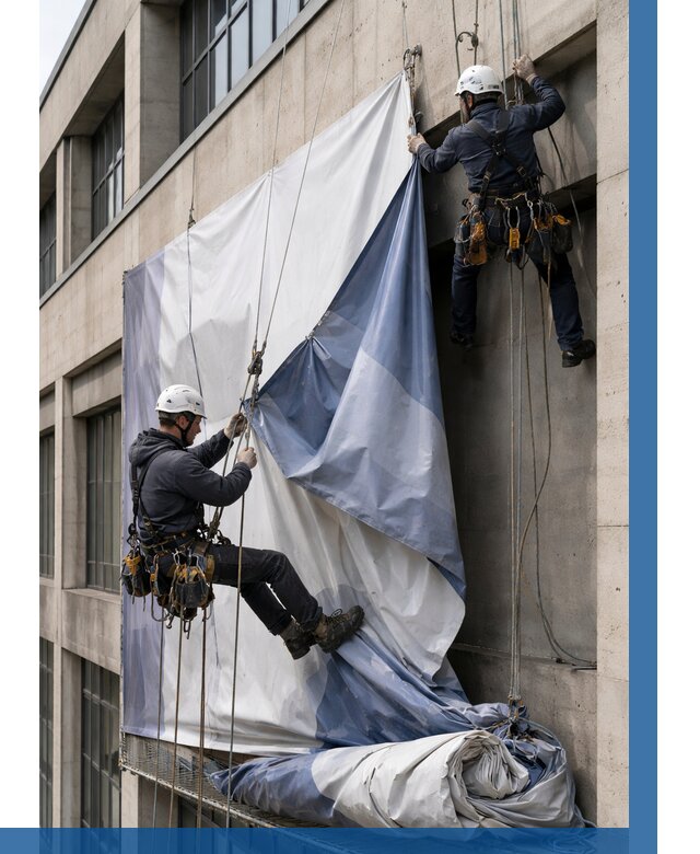 Демонтаж баннеров с фасада в Красноярске от 4572 р. | ВЫСОТНИК-Крс