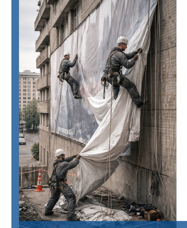 Демонтаж баннеров с фасада в Красноярске оперативно и безопасно