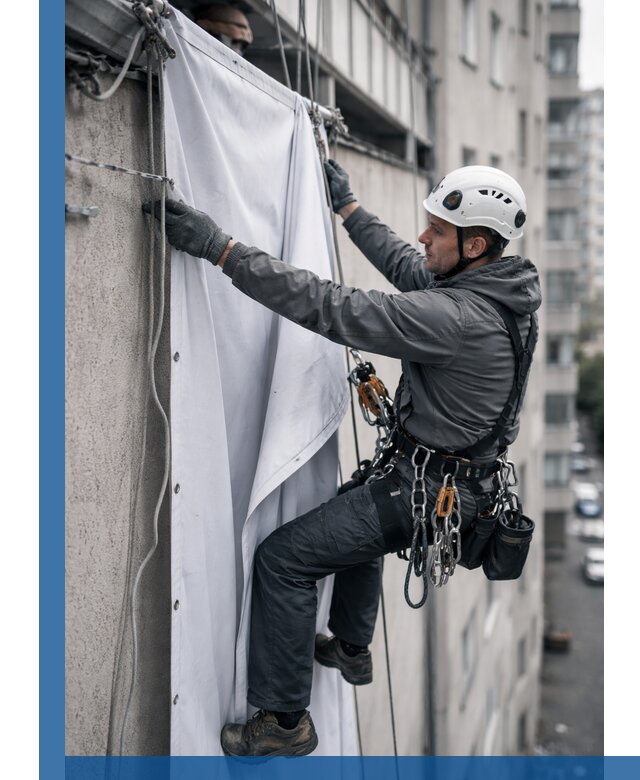 Замена баннерного полотна промышленными альпинистами в Красноярске