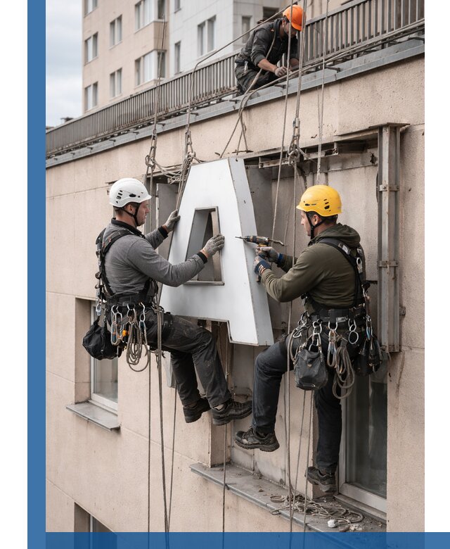 Ремонт и восстановление наружных вывесок на высоте в Красноярске