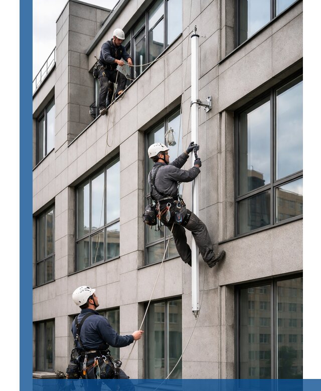 Монтаж флагштока на фасаде здания с креплением и герметикой в Красноярске