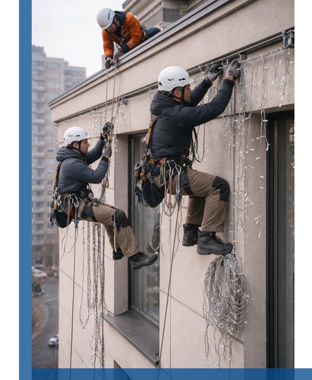 Монтаж праздничных гирлянд на фасаде в Красноярске для зданий