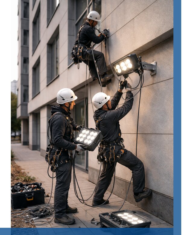 Монтаж прожекторов на фасаде в Красноярске от 7620 р. | ВЫСОТНИК-Крс