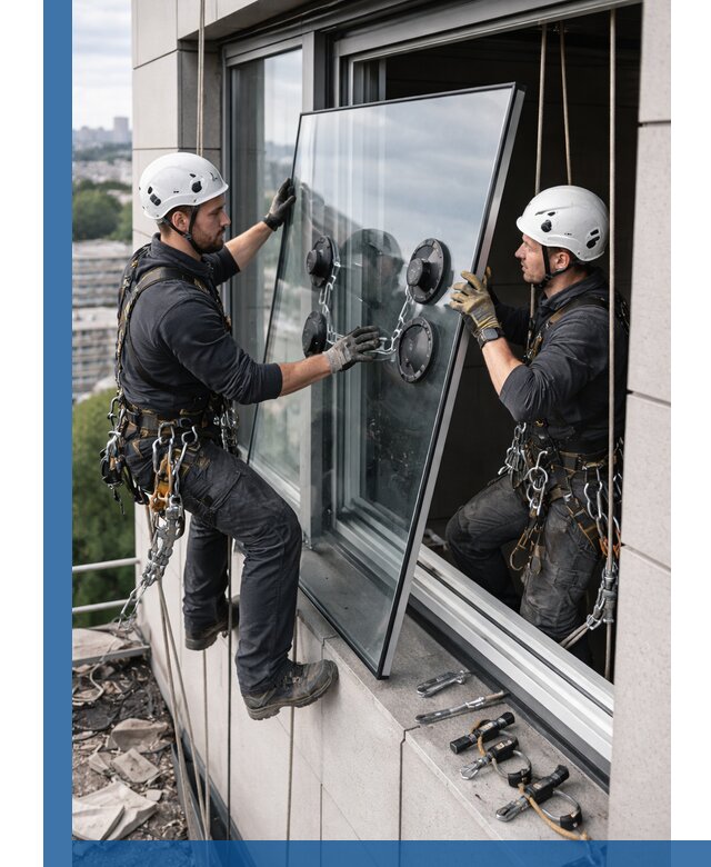 Замена стеклопакетов на высоте с промышленными альпинистами в Красноярске