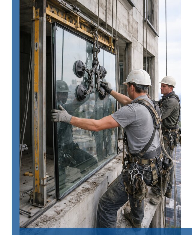 Монтаж стеклопакетов на высоте в Красноярске с промышленным альпинизмом