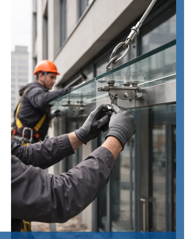 Монтаж стеклянных козырьков в Красноярске от 8636 р. | ВЫСОТНИК-Крс