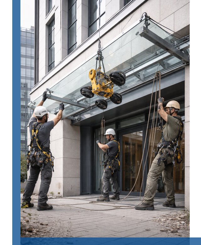 Монтаж стеклянных козырьков под ключ в Красноярске для зданий