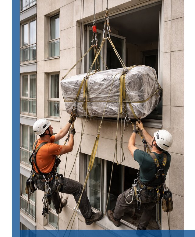 Подъем грузов через окно в Красноярске промышленными альпинистами