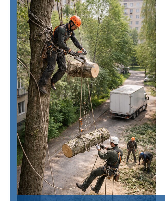 Спил деревьев альпинистами в Красноярске, безопасно и без повреждений