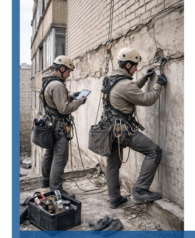 Обследование фасада промышленными альпинистами в Красноярске